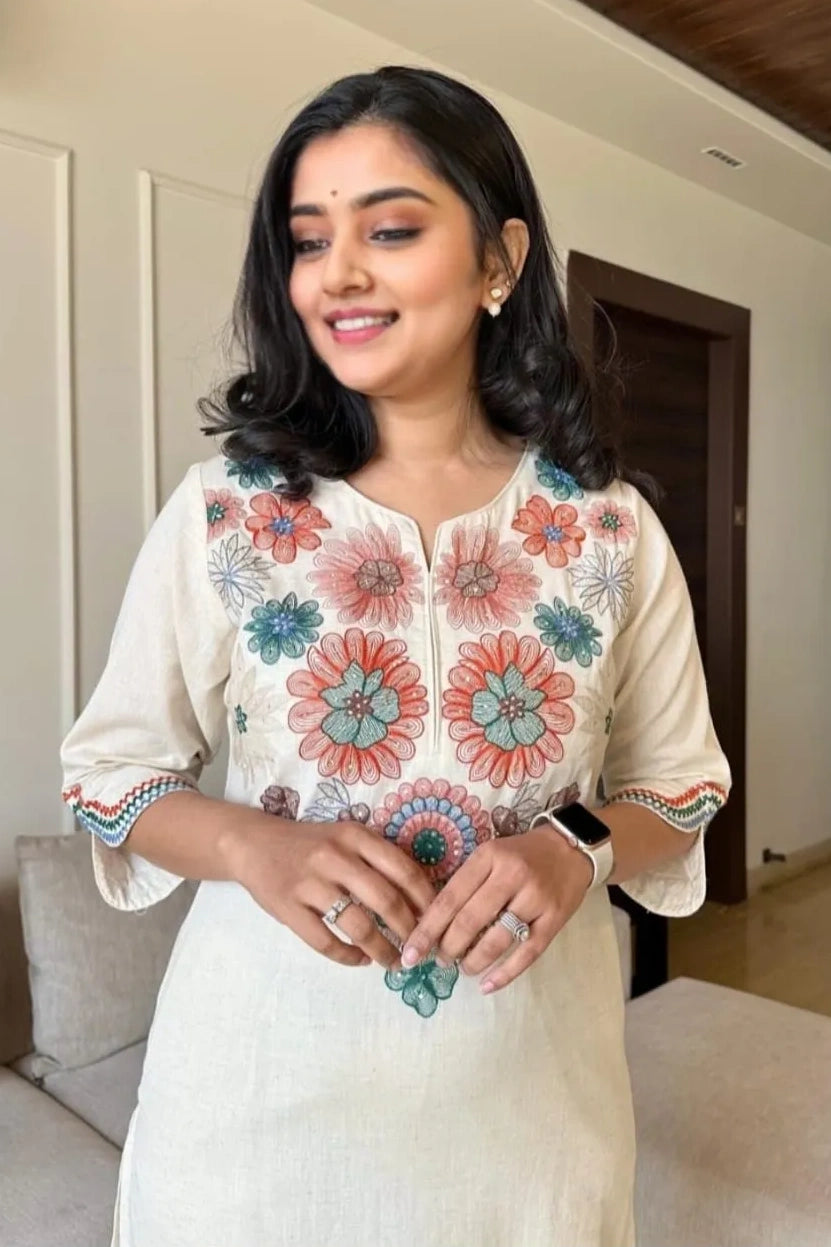 White Cotton Embroidered Kurta With Pant