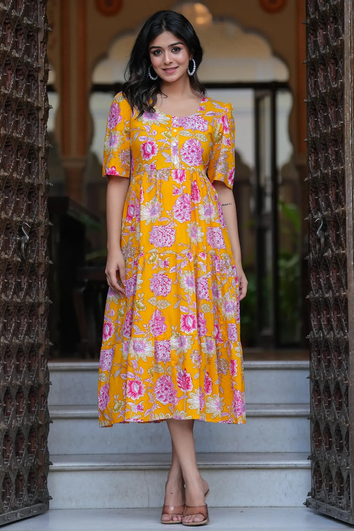 Yellow Floral Midi Dress