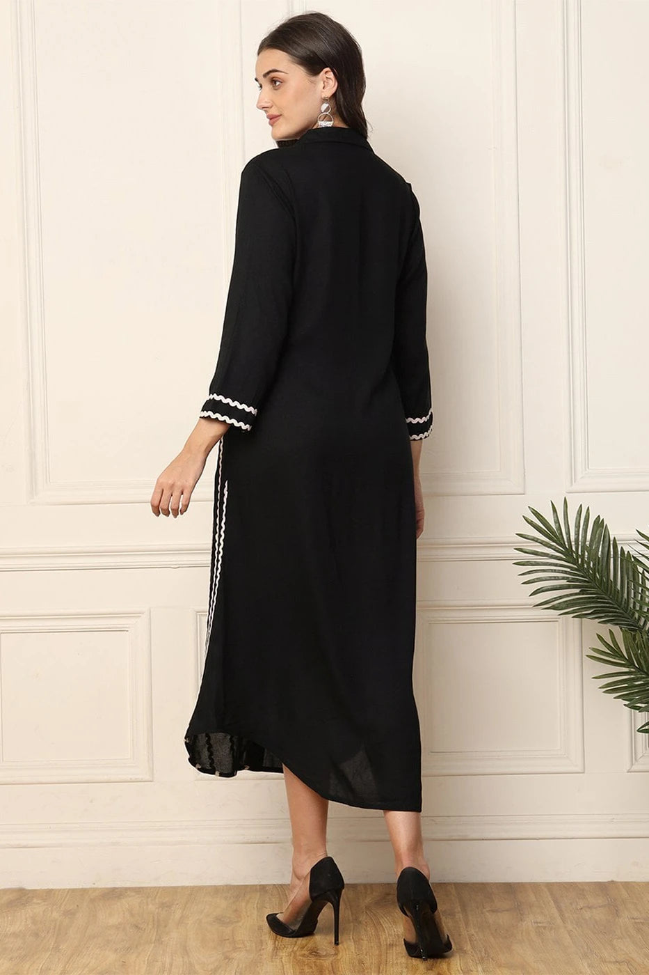 Black Front Slit Embroidered Dress