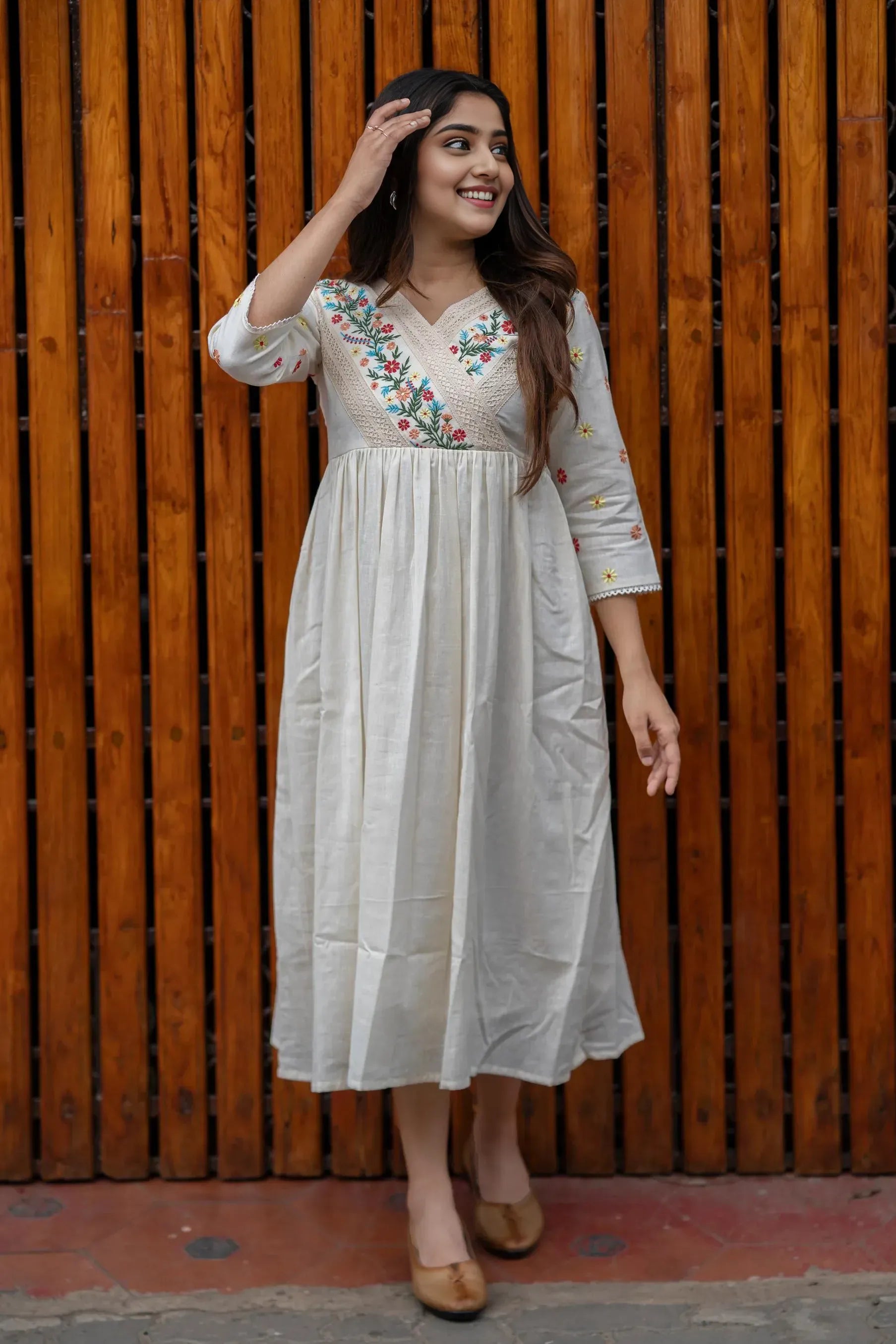 Off White Embroidered Anarkali Dress