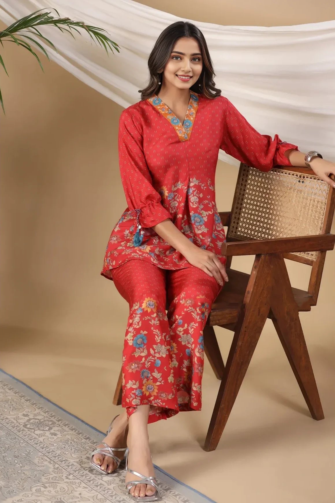 Red Muslin Digital Print Co-Ord Set