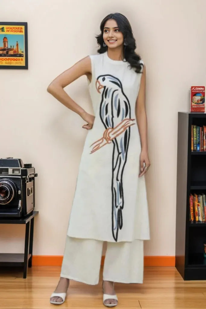 Blue Parrot Embroidered Cotton Flex Co-Ord Set