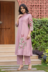 Lilac Embroidered A-Line Kurta with Pant