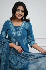 Blue Cotton Printed Kurta Set with Dupatta