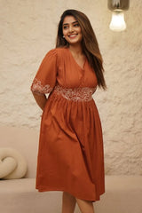 Rustic Orange Embroidered Midi Dress