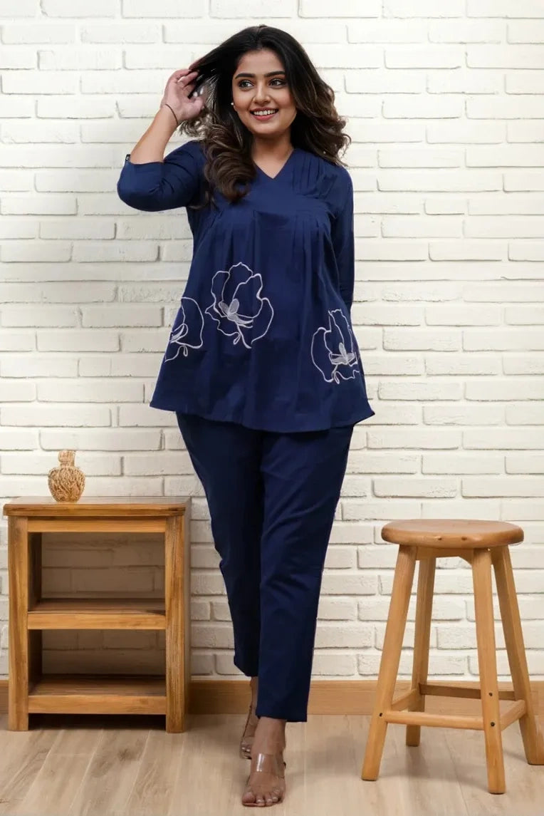 Royal Blue A-line Embroidery Kurta with Pant
