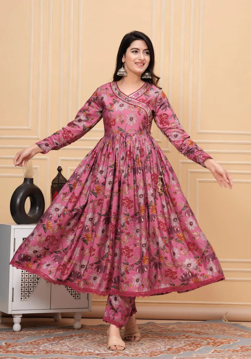 Pink Muslin Angrakha Style Kurta Set