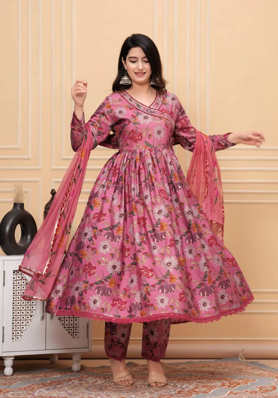 Pink Muslin Angrakha Style Kurta Set