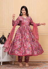 Pink Muslin Angrakha Style Kurta Set