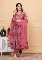 Pink Muslin Angrakha Style Kurta Set