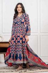 Blue Cotton Angrakha Style Kurta Set