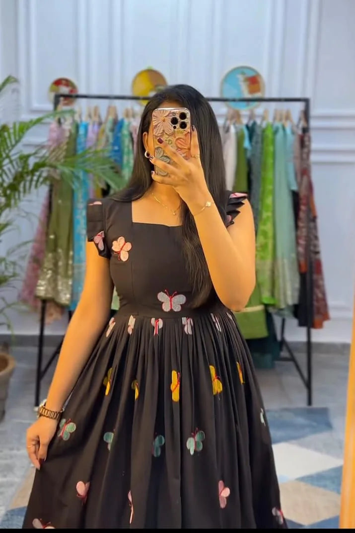 Black Embroidered Cotton Midi Dress