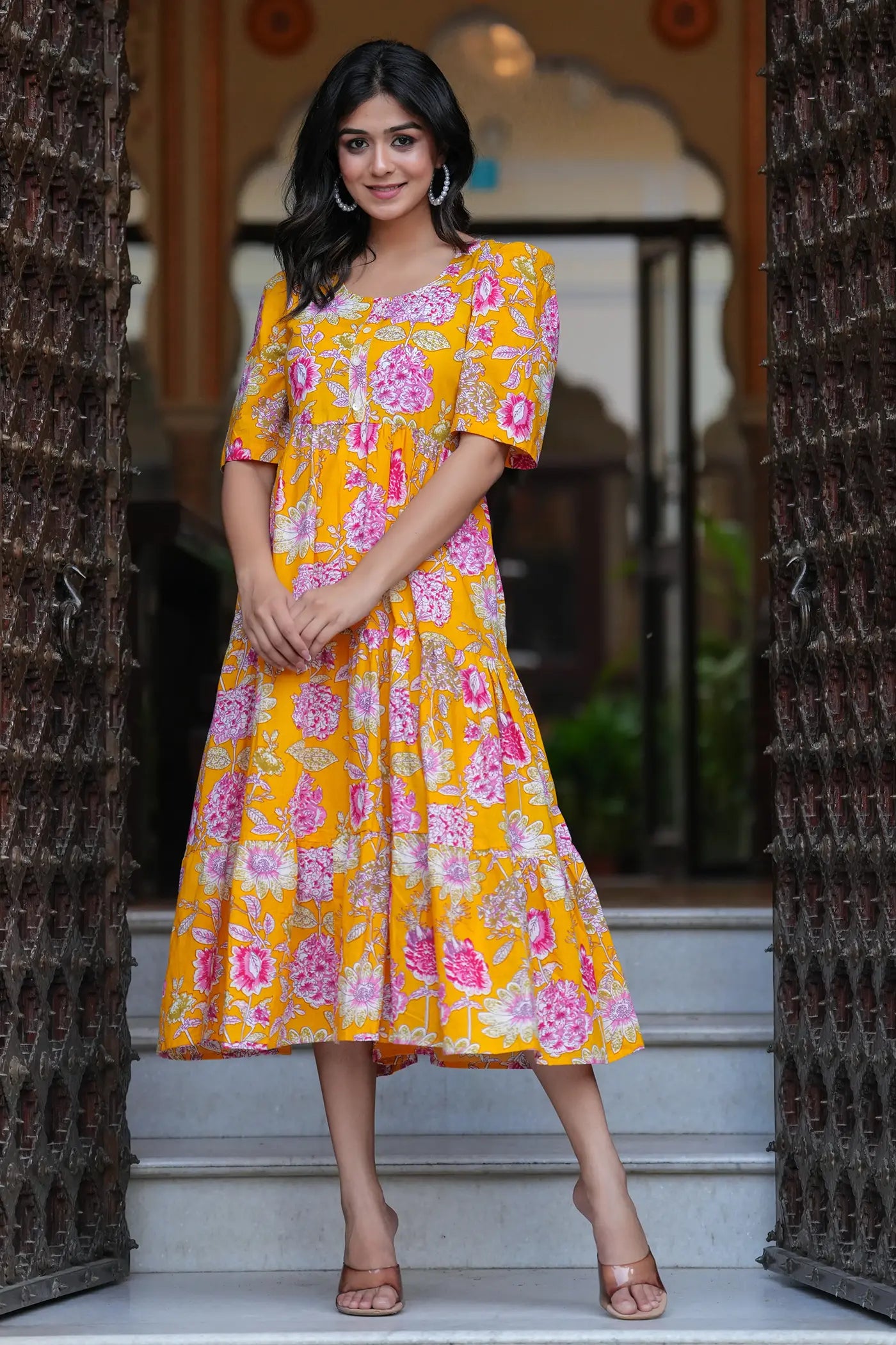Yellow Floral Midi Dress