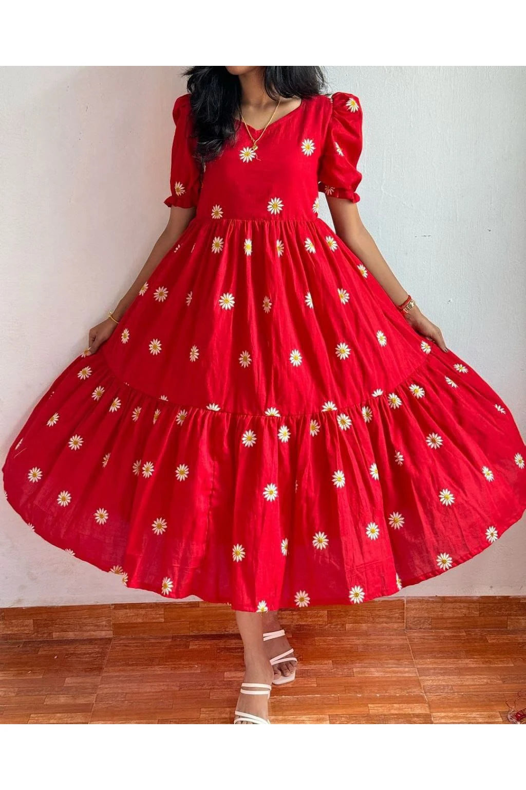 Red Embroidered Floral Midi Dress