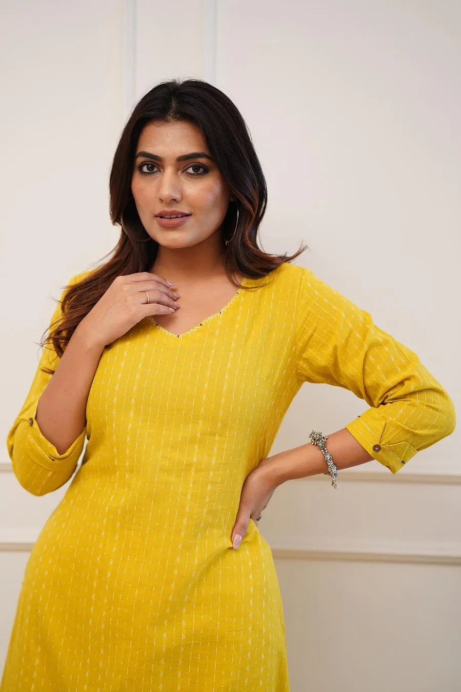 Yellow Cotton Katha Work Kurta Set