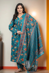 Sea Green Floral Kurti Set with Dupatta