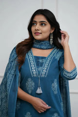 Blue Cotton Printed Kurta Set with Dupatta