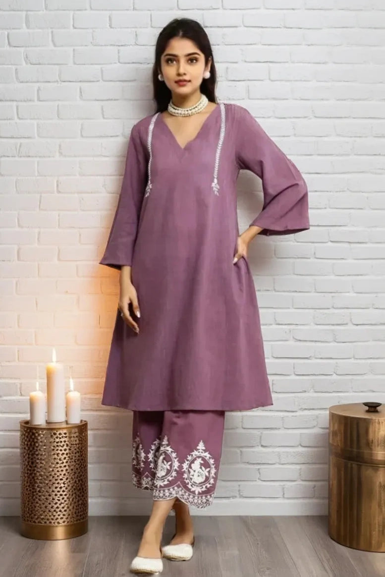Purple Embroidered Kurti Set with Dupatta