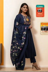 Blue Embroidered Anarkali Kurti Set With Dupatta