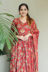 Maroon Floral Kurti Set with Dupatta
