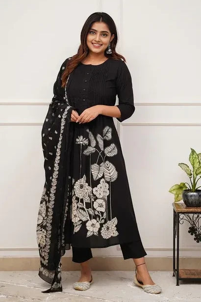 Black Floral Kurti Set with Dupatta