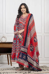 Red Cotton Angrakha Style Kurta Set