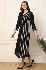 Black Front Slit Embroidered Dress