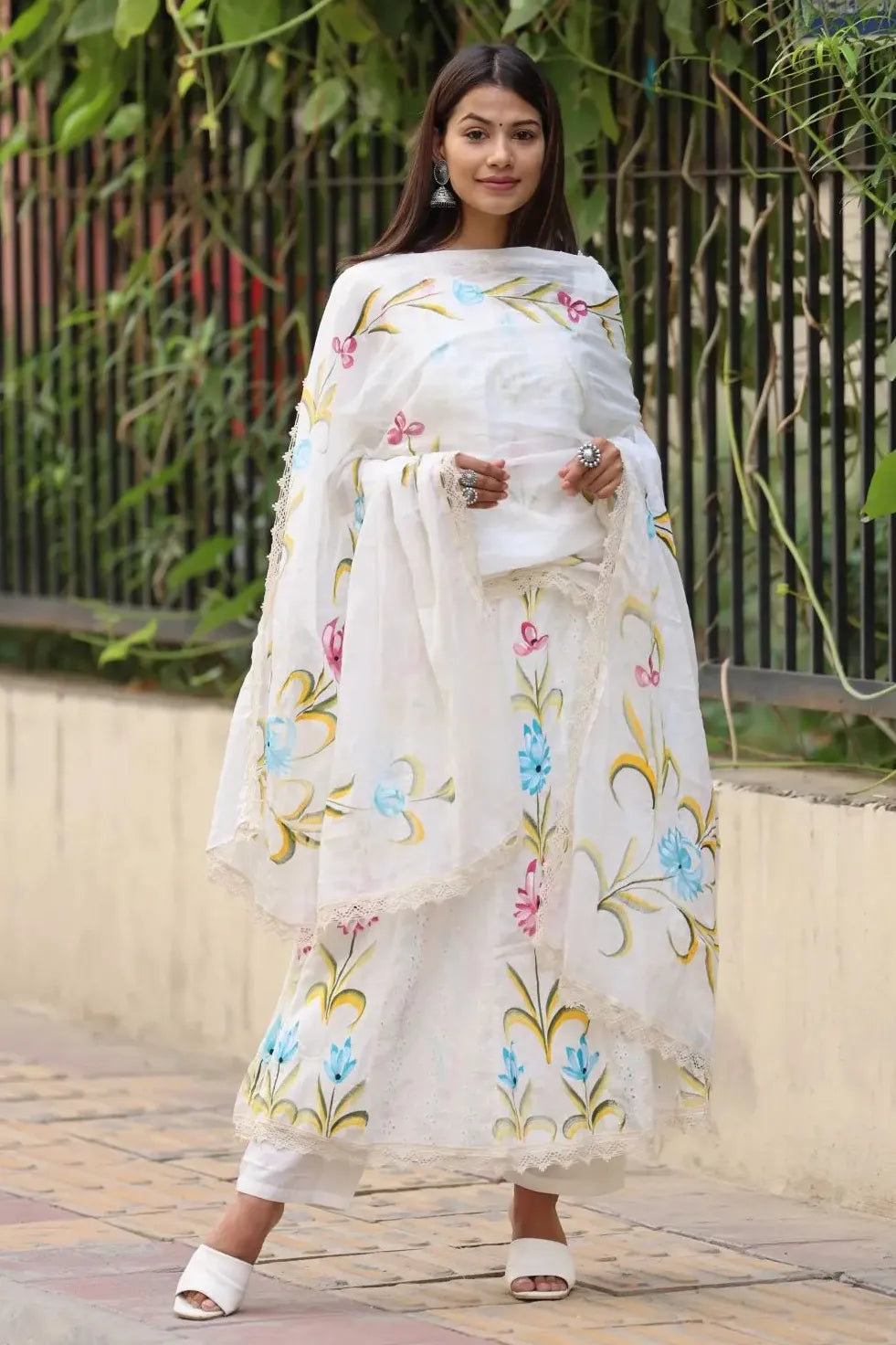 White Schiffli Flared Kurta Set