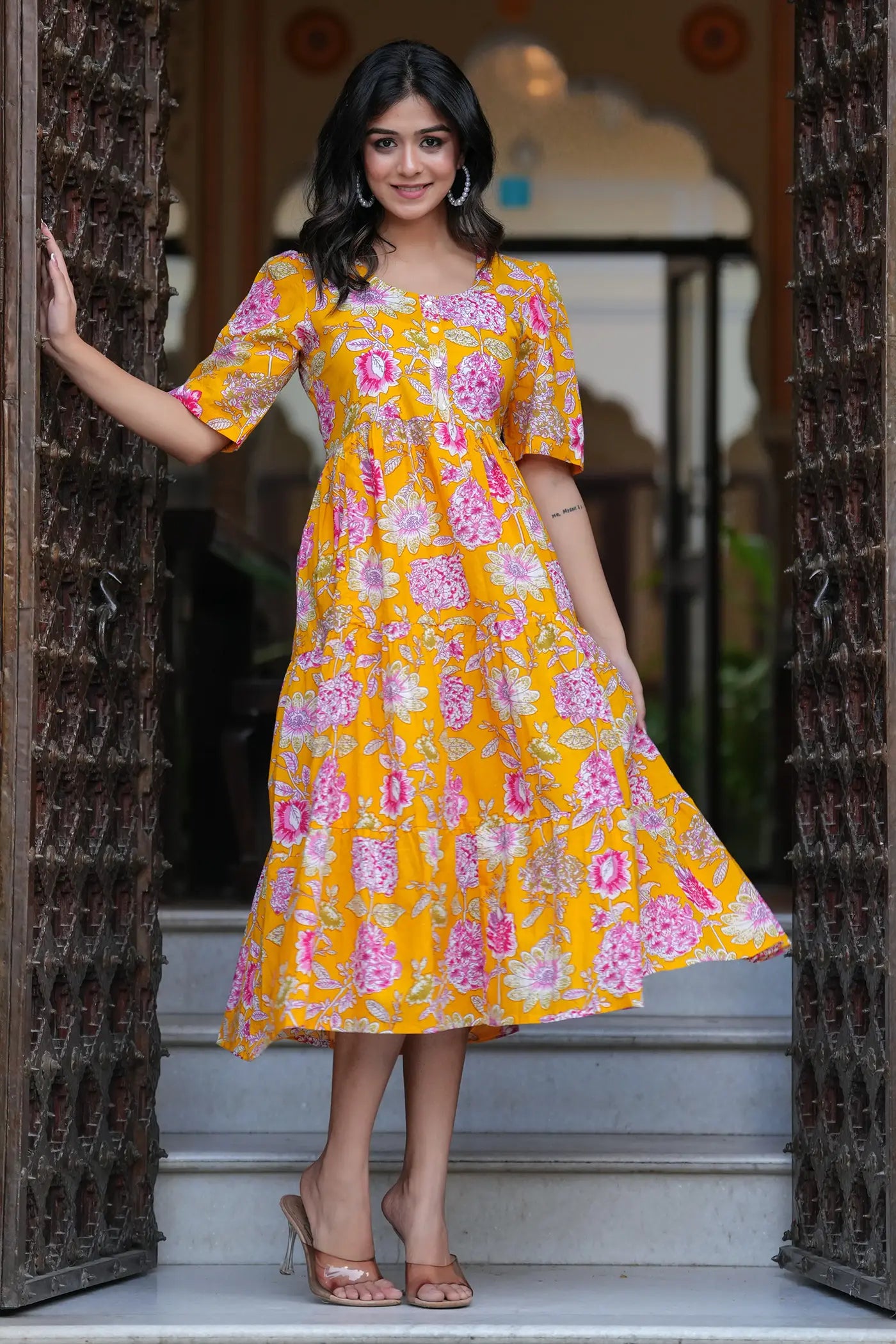 Yellow Floral Midi Dress