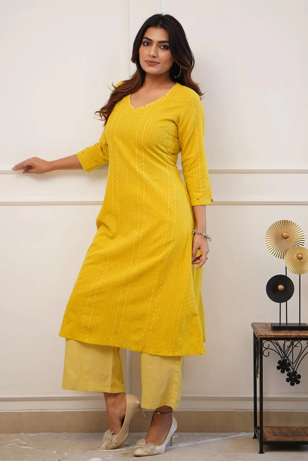 Yellow Cotton Katha Work Kurta Set