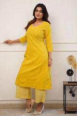 Yellow Cotton Katha Work Kurta Set