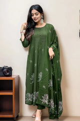 Green Pintex Kurta with Pant and Dupatta