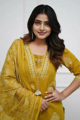 Mustard Cotton Printed Kurta Set with Dupatta