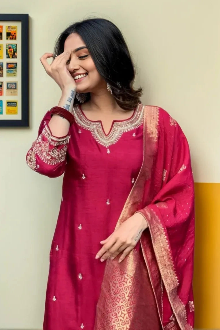 Pink Embroidered Silk Kurta Set