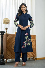 Blue Embroidered A-Line Kurta with Pant