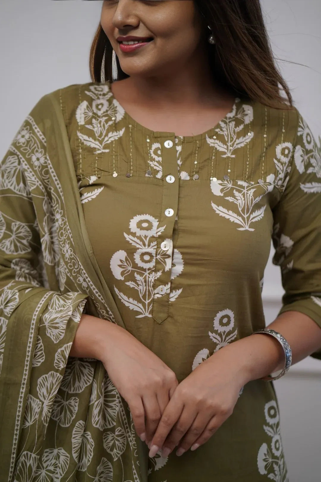 Olive Floral Kurti Set with Dupatta