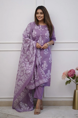 Purple Floral Kurti Set with Dupatta