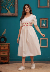 Ivory Embroidered Cotton Flex Midi Dress
