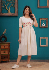 Ivory Embroidered Cotton Flex Midi Dress