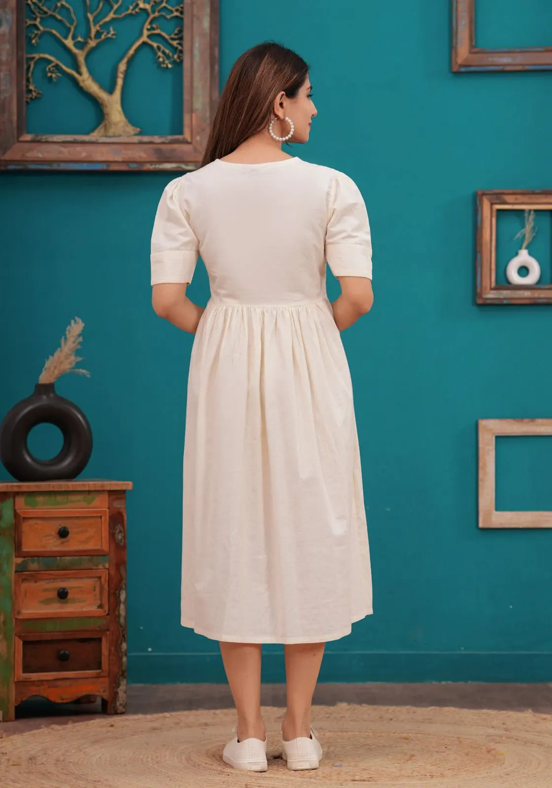 Ivory Embroidered Cotton Flex Midi Dress