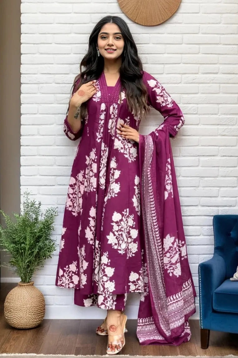 Purple Floral Kurta with Pant and Dupatta