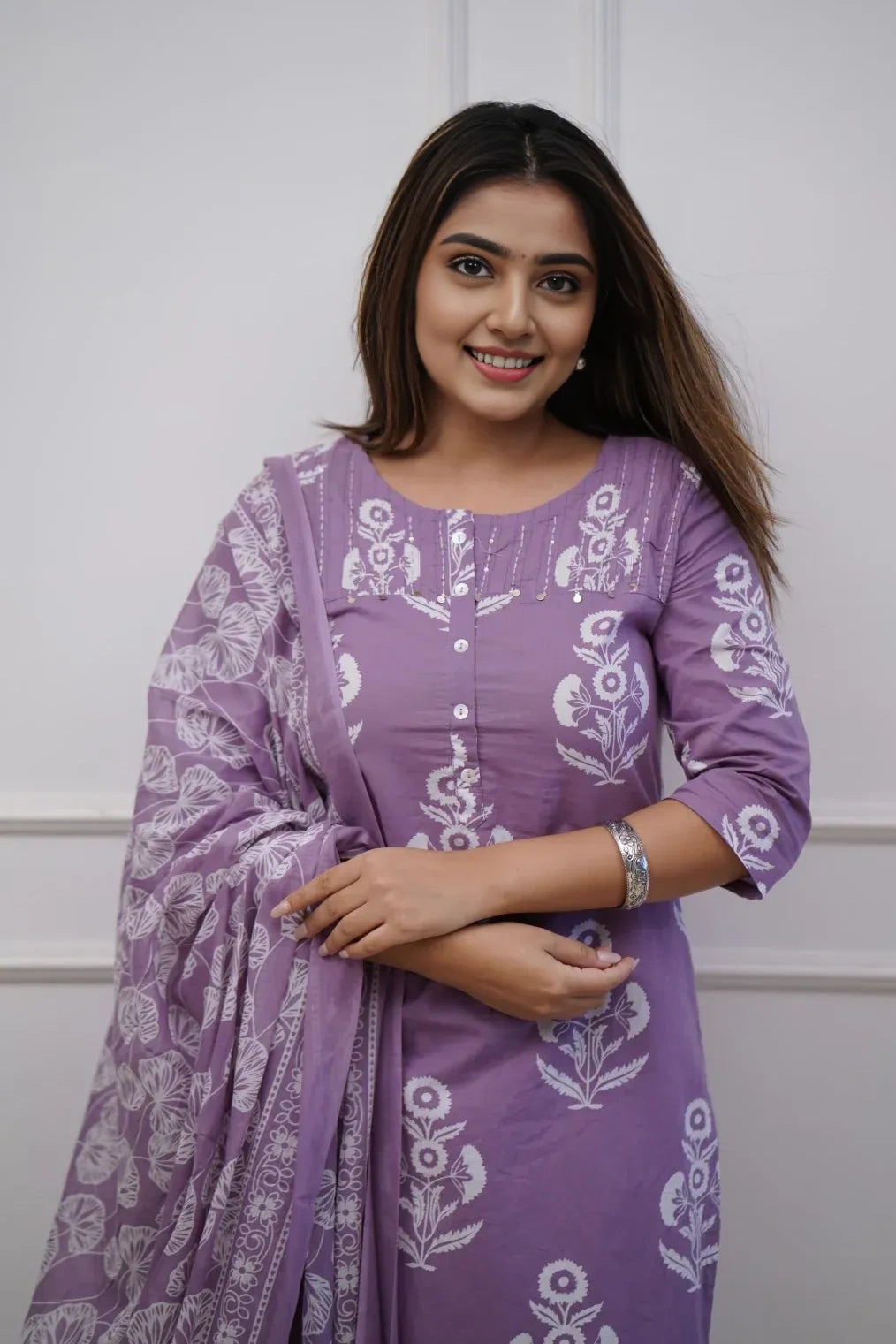 Purple Floral Kurti Set with Dupatta