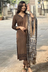Brown Cotton Embroidered Kurta Set