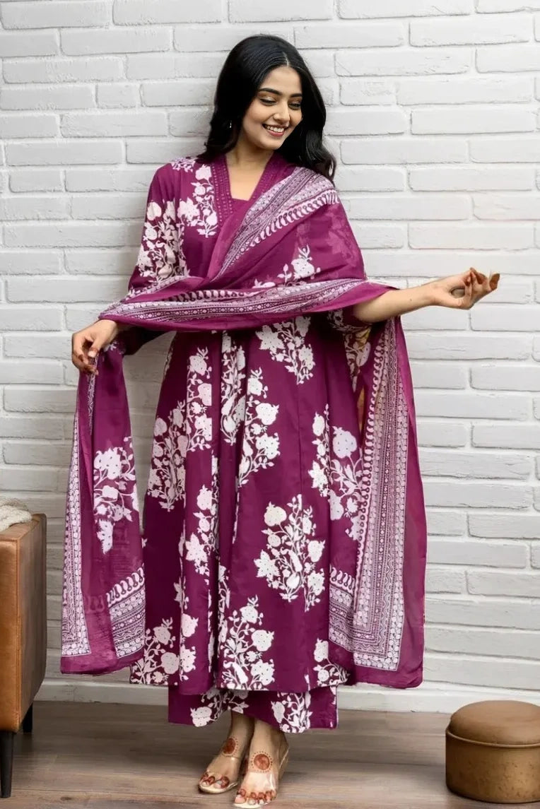 Purple Floral Kurta with Pant and Dupatta