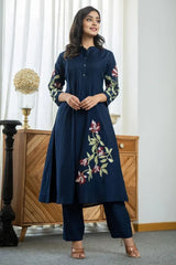 Blue Embroidered A-Line Kurta with Pant