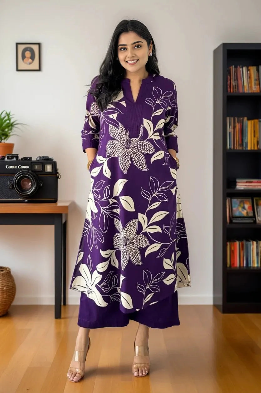 Purple Floral Print Kurta with Palazzo