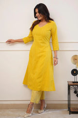 Yellow Cotton Katha Work Kurta Set
