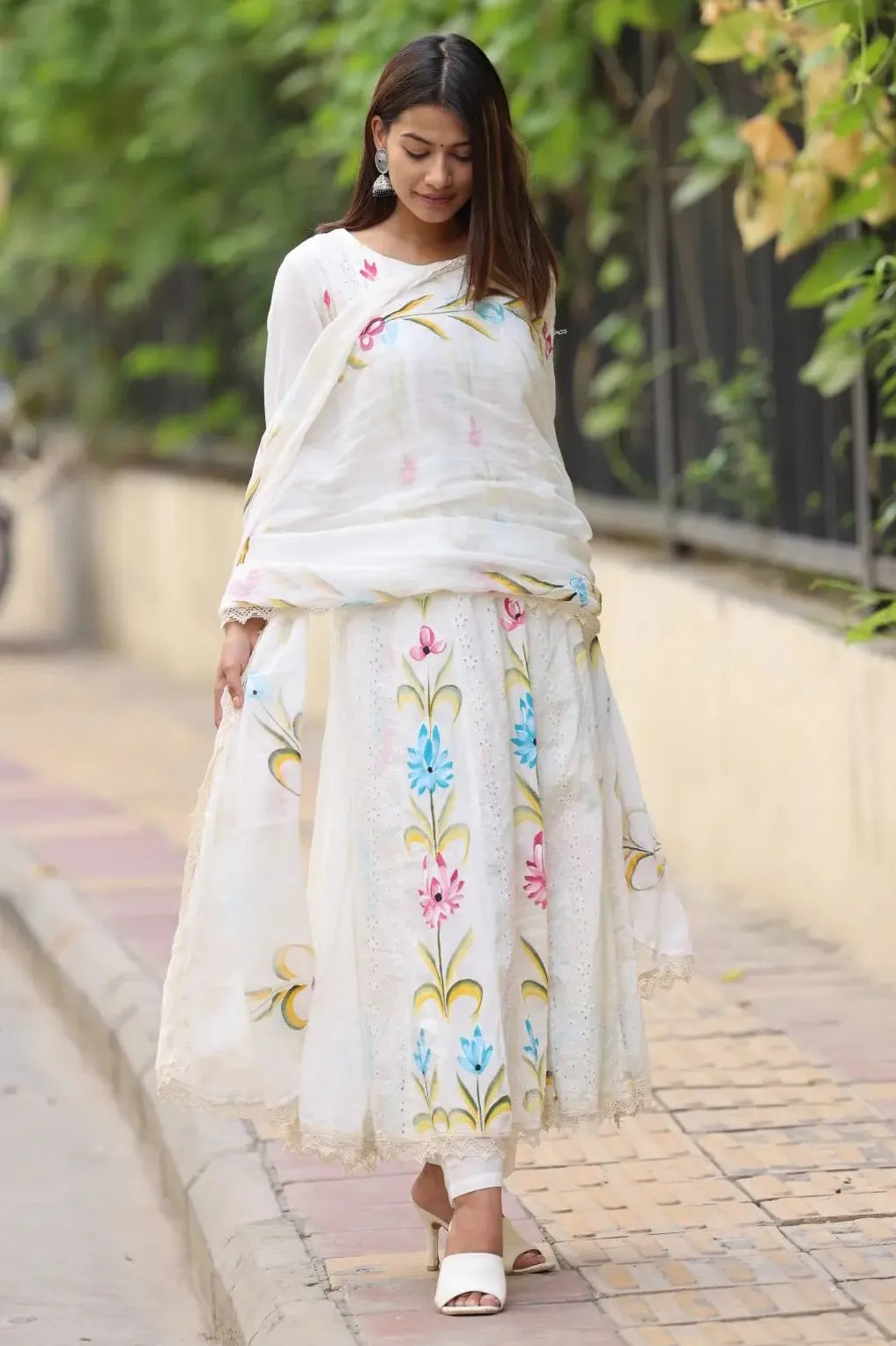 White Schiffli Flared Kurta Set