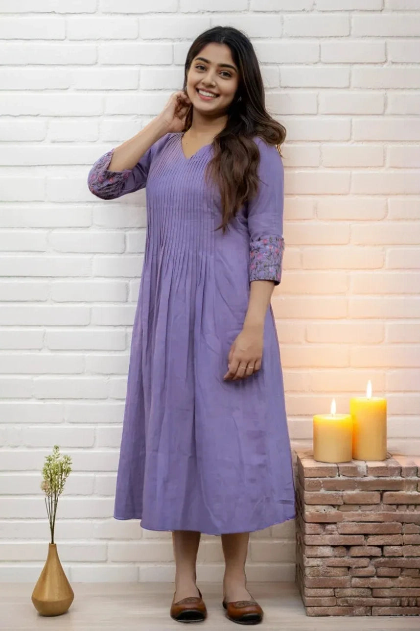 Lavender Pintex Embroidered Midi Dress