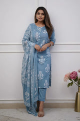 Sky Blue Floral Kurti Set with Dupatta